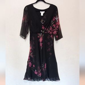 Vintage Coldwater Creek 100% Silk Dress Beaded Fairy Floral Black/ Pink Sz12